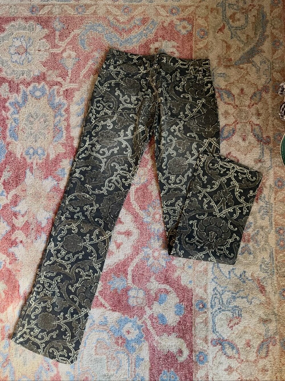 Roberto Cavalli Vintage Olive Metallic Baroque Print Jeans — Size 31 - Picture 4 of 5